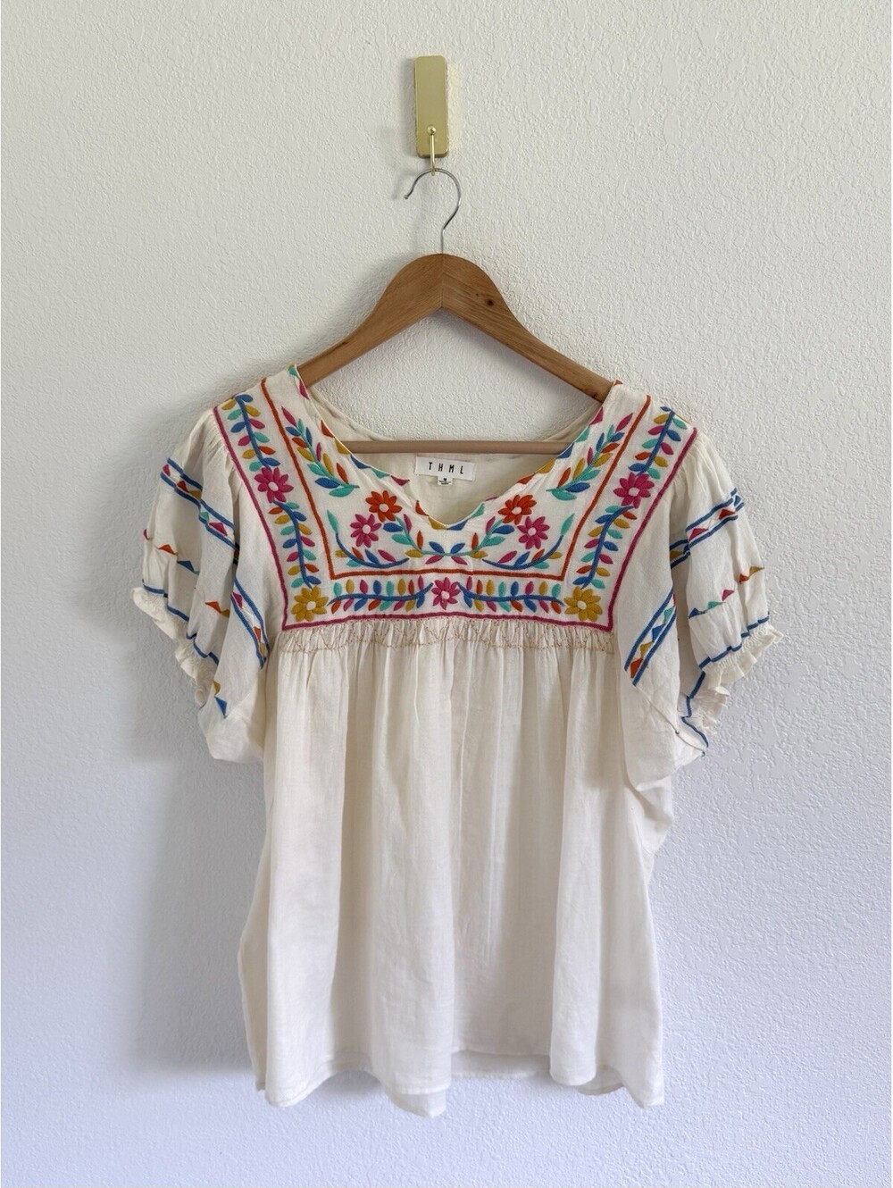 THML Women’s Size Medium Mexican Inspired Floral Embroidered Cotton Blouse